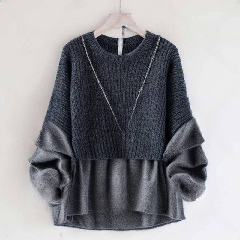 In-Stock Japanese Style 2026 Autumn and Winter New Round-Neck Knitwear Faux Two-Piece Knitted Top