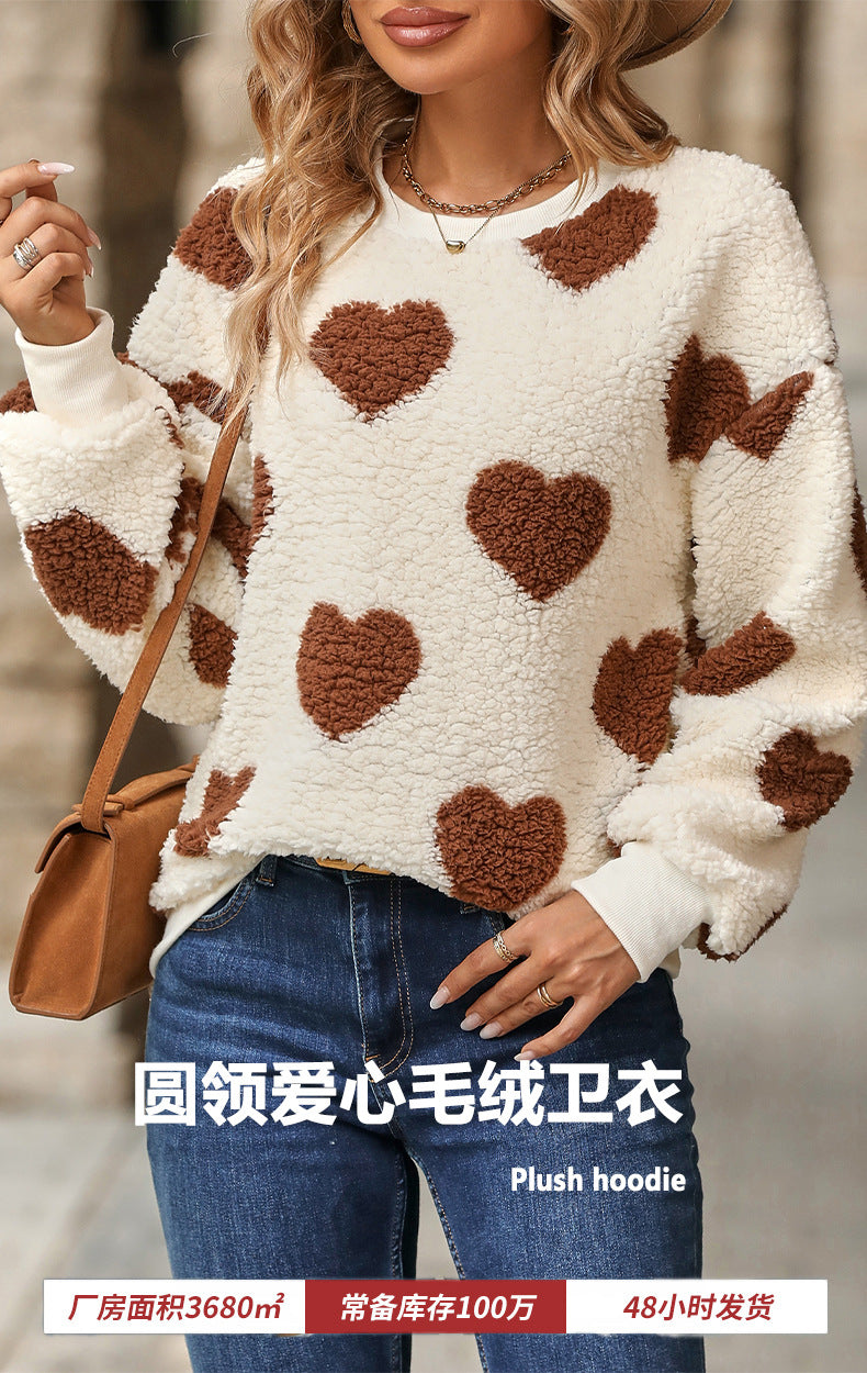 Flash velvet 2023 cross-border women's clothing European and American autumn and winter new plush love printing loose long sleeve round neck pullover sweater
