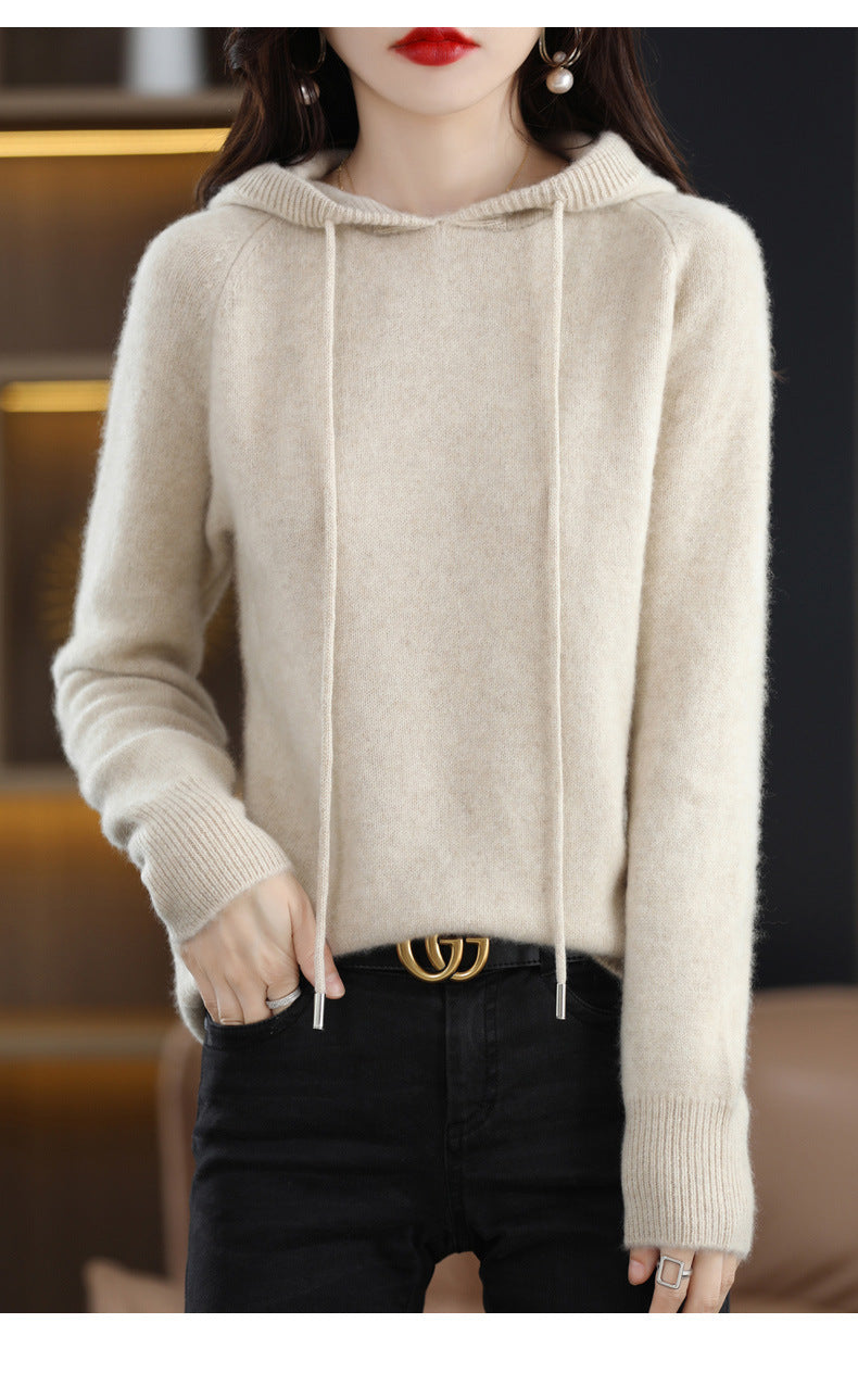 Camel Hooded Sweatshirt Pure Color Outer Hooded Knitted Hoodie Outer Wear Loose Drawstring Casual Pullover Sweater