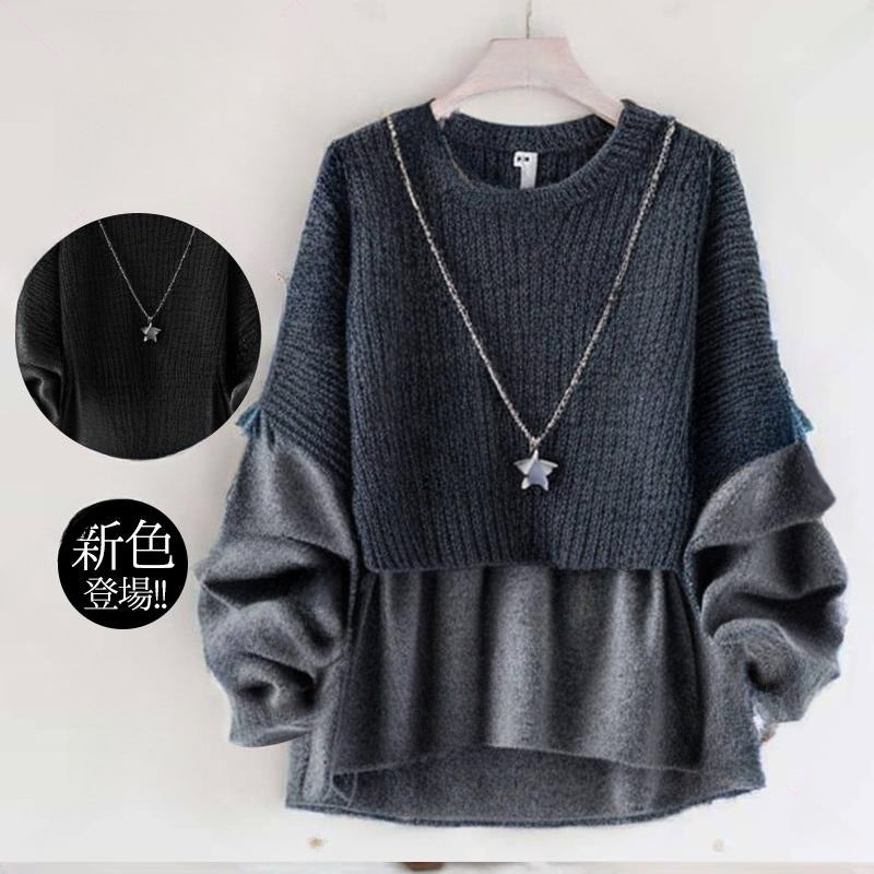 In-Stock Japanese Style 2026 Autumn and Winter New Round-Neck Knitwear Faux Two-Piece Knitted Top
