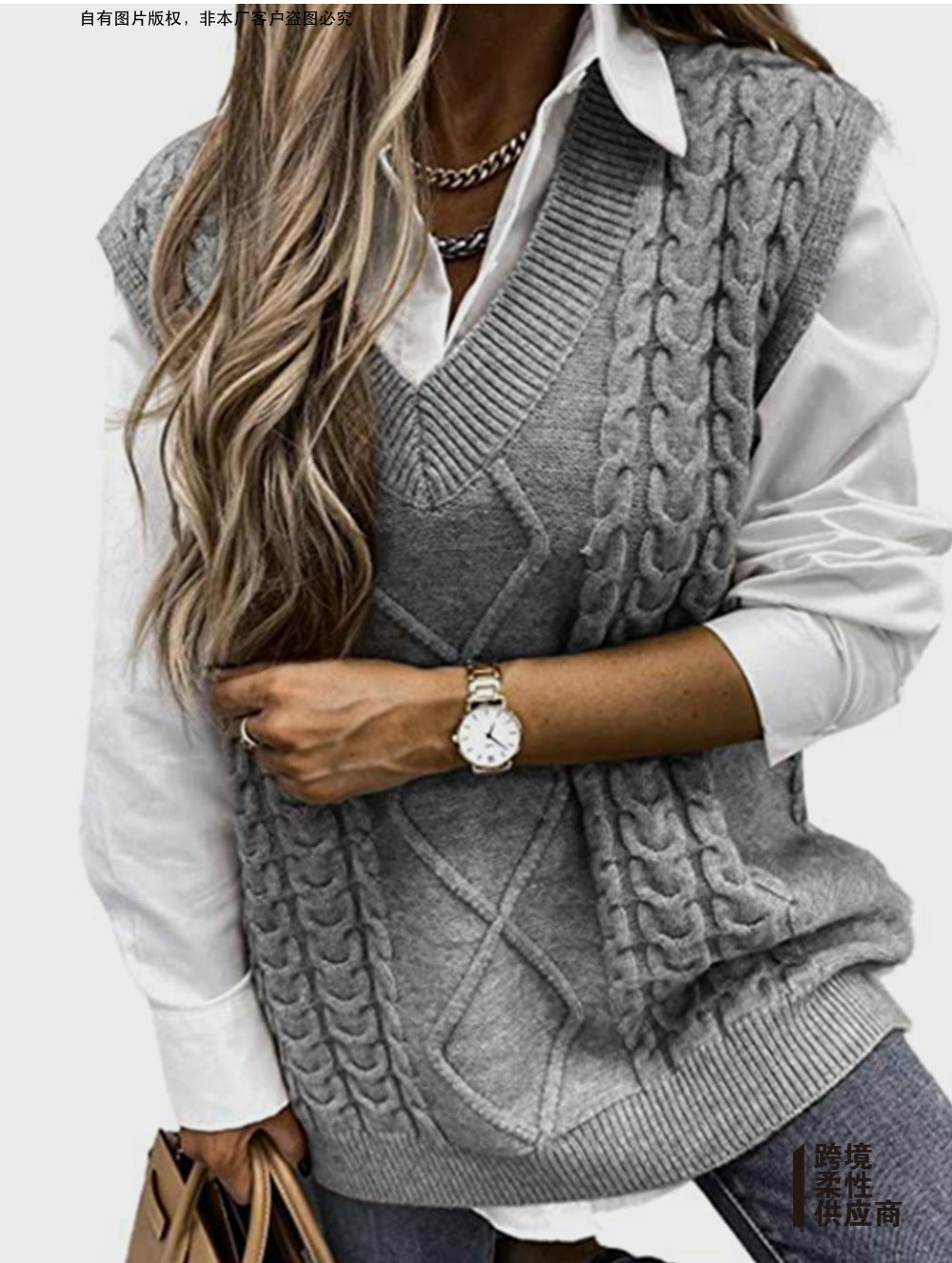 Foreign Trade Cross-border Europe and America Amazon Source Manufacturers Sweater Vest Women's Vest Clip V-neck Sleeveless Twist Sweater