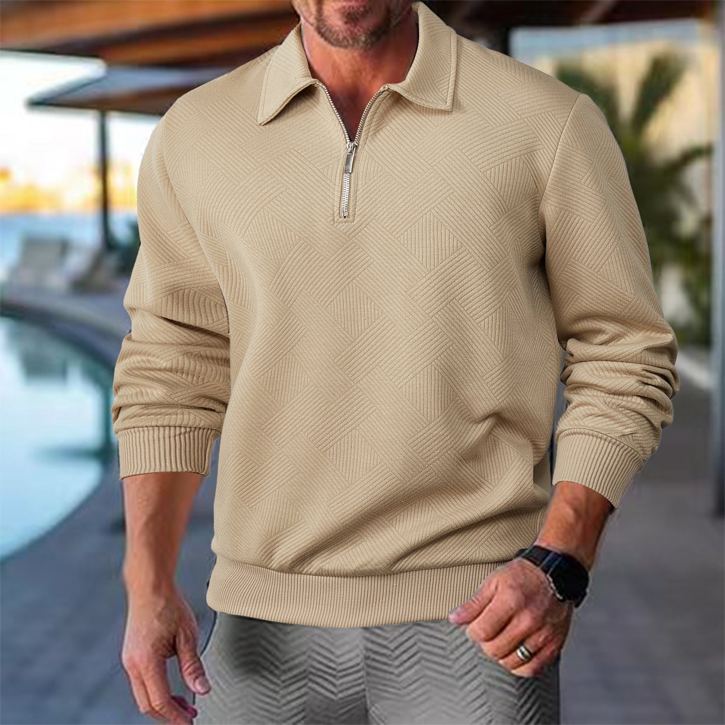 Cross-Border Men's Clothing Amazon American Retro Heavyweight Autumn Sweatshirt Jacquard Long-Sleeved Lapel Half-Zip Men's Top