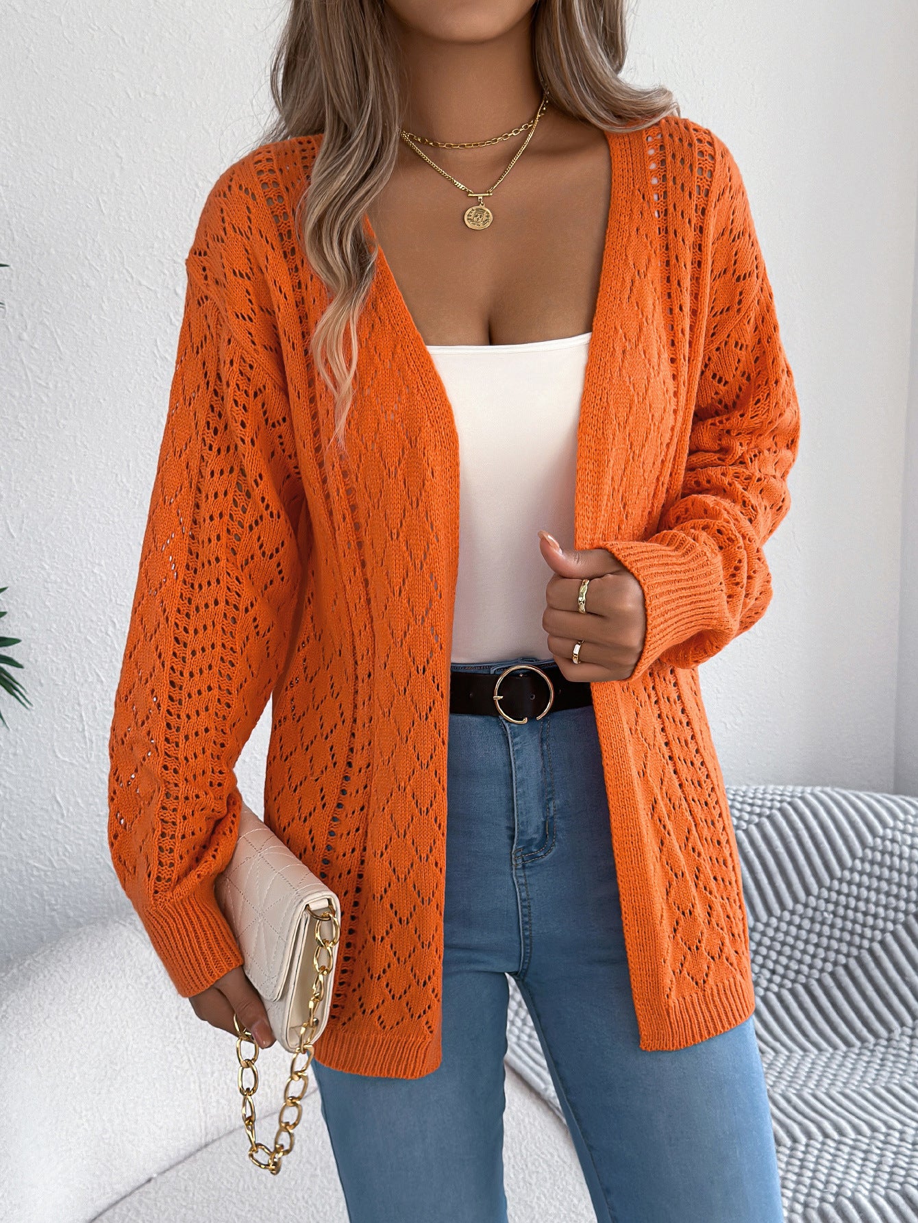 Real Shot of European and American Autumn and Winter Hollow-Out Lantern Long-Sleeve Cardigan Sweater Mid-Length Coat Amazon Cross-Border Women's Clothing