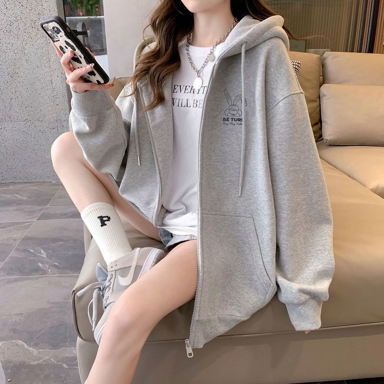 Embroidered Pattern Hooded Sweatshirt Girls' Cardigan Jacket 2026 Spring, Autumn and Winter New Style Lazy Style Loose Long-Sleeved Top