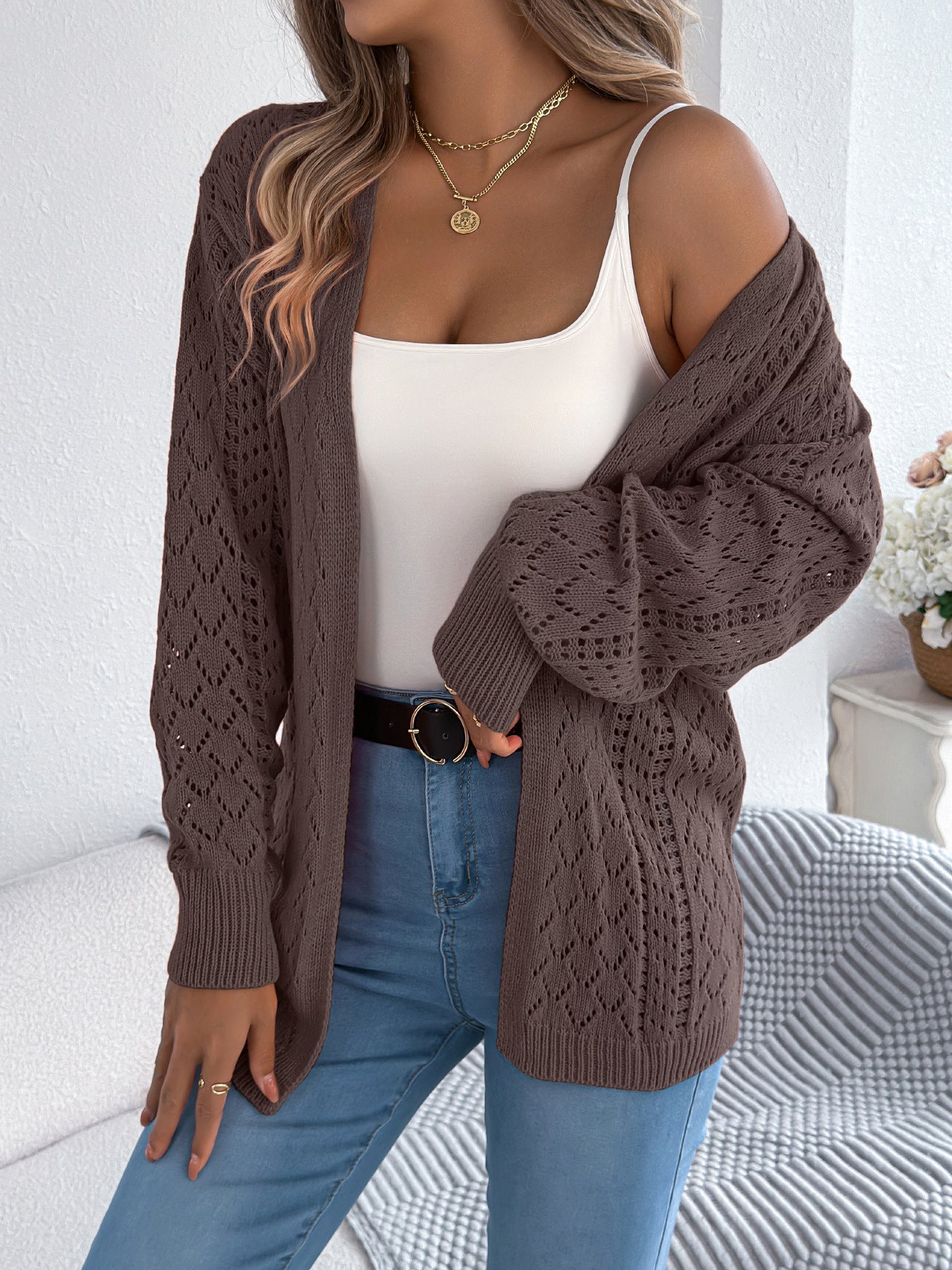 Real Shot of European and American Autumn and Winter Hollow-Out Lantern Long-Sleeve Cardigan Sweater Mid-Length Coat Amazon Cross-Border Women's Clothing