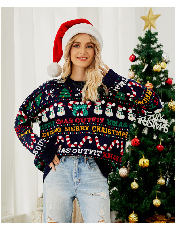 Foreign Trade Amazon European and American Loose Knitwears Autumn and Winter Christmas Tree Round Neck Knitwears Little Snowman Sequined Christmas Knitwears