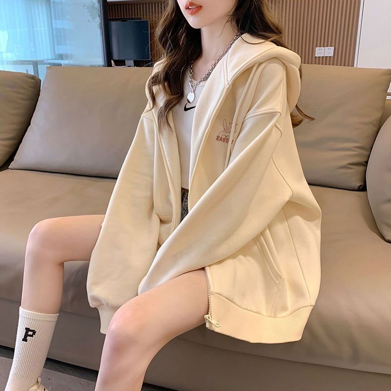 Embroidered Pattern Hooded Sweatshirt Girls' Cardigan Jacket 2026 Spring, Autumn and Winter New Style Lazy Style Loose Long-Sleeved Top