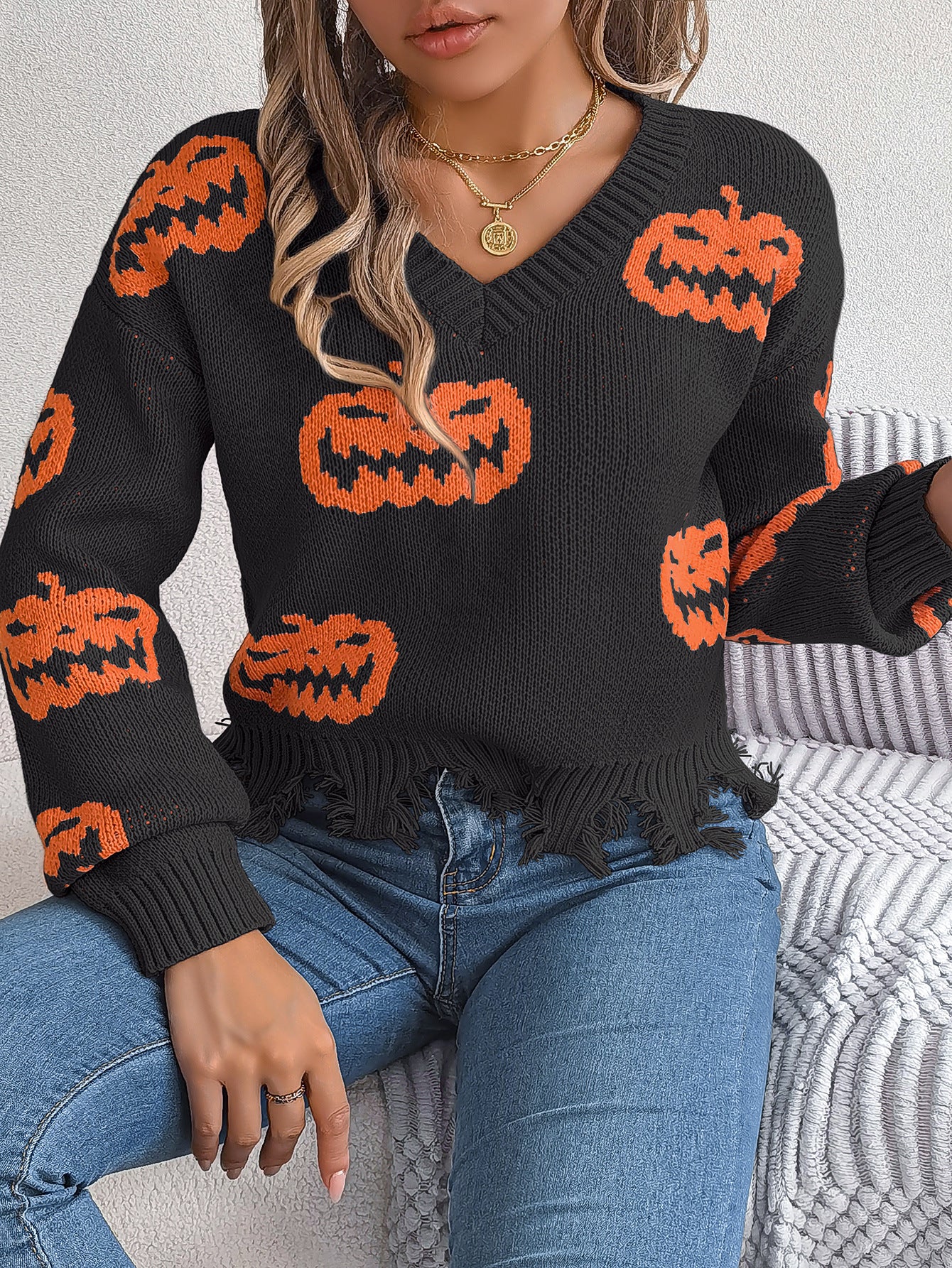 Real Shot of Autumn and Winter European and American Halloween Contrasting Pumpkin Cut Long-Sleeved Pullover Sweater Amazon Cross-Border Women's Clothing