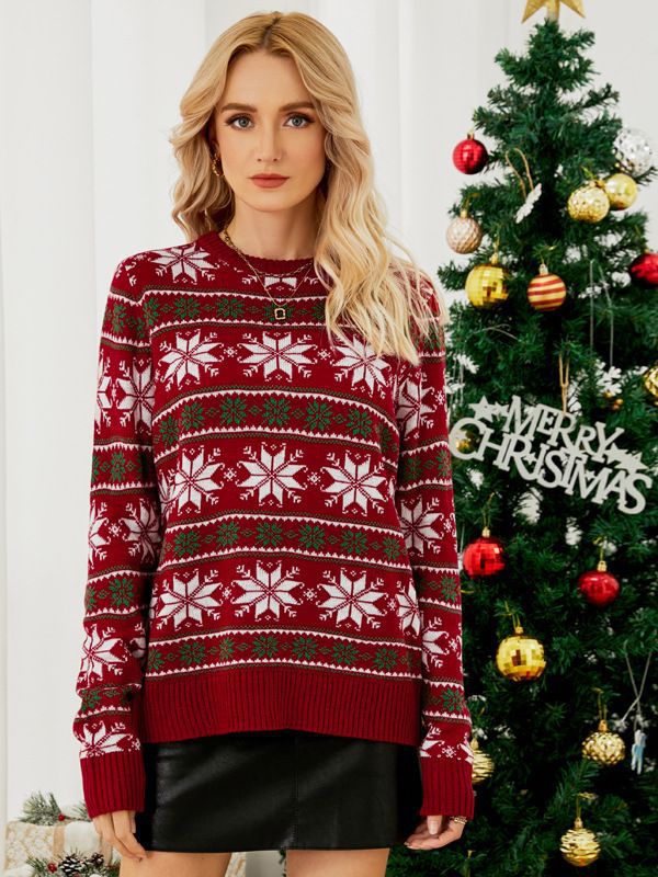 2023 Amazon European and American Round Neck Christmas Red Knitwear Christmas Outfit Long-Sleeved Snowflake Christmas Knitwear