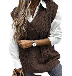 Foreign Trade Cross-border Europe and America Amazon Source Manufacturers Sweater Vest Women's Vest Clip V-neck Sleeveless Twist Sweater