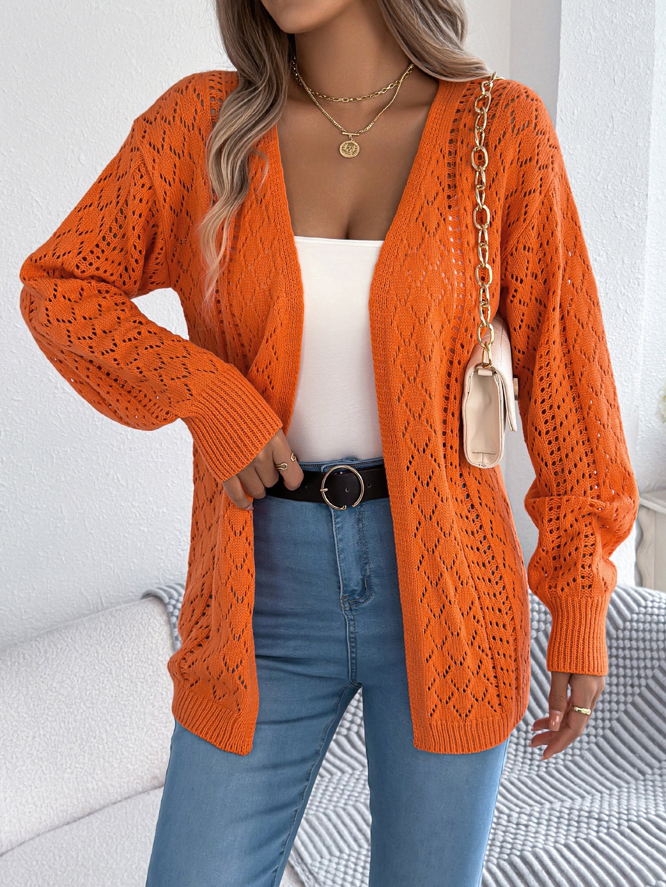 Real Shot of European and American Autumn and Winter Hollow-Out Lantern Long-Sleeve Cardigan Sweater Mid-Length Coat Amazon Cross-Border Women's Clothing