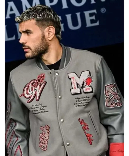 Off White X Ac Milan Grey Varsity Jacket - Recreated Inspired Edition