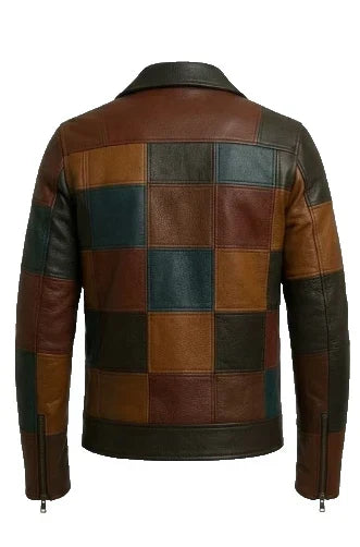 Patchwork leather jacket with brown, green, and black squares on a white background