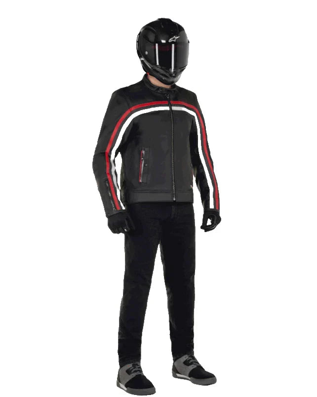 Person wearing a black motorcycle jacket with red and white accents, black pants, and a helmet on a white background.