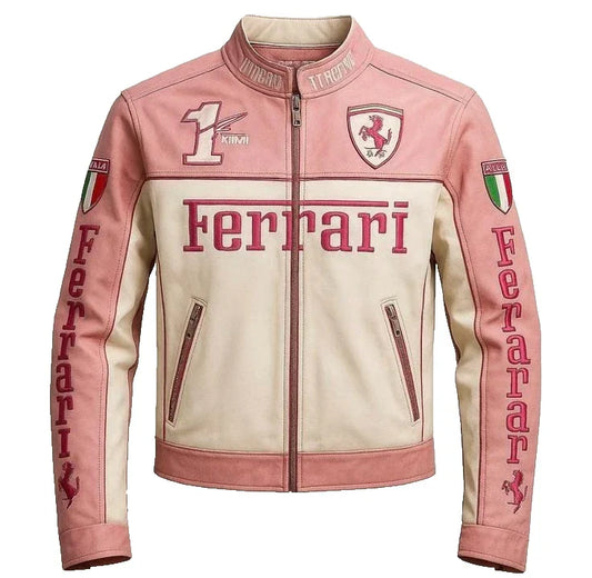 Pink and beige Ferrari jacket with brand logos on a white background