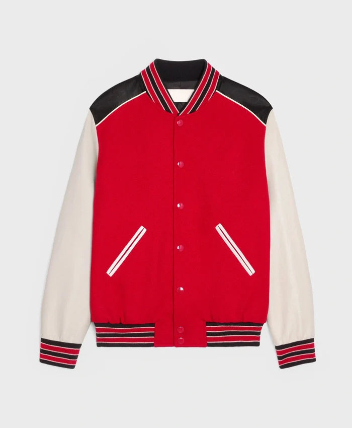 Red Triple Color Rib Color Lettermen Varsity Jacket - Recreated Inspired Edition