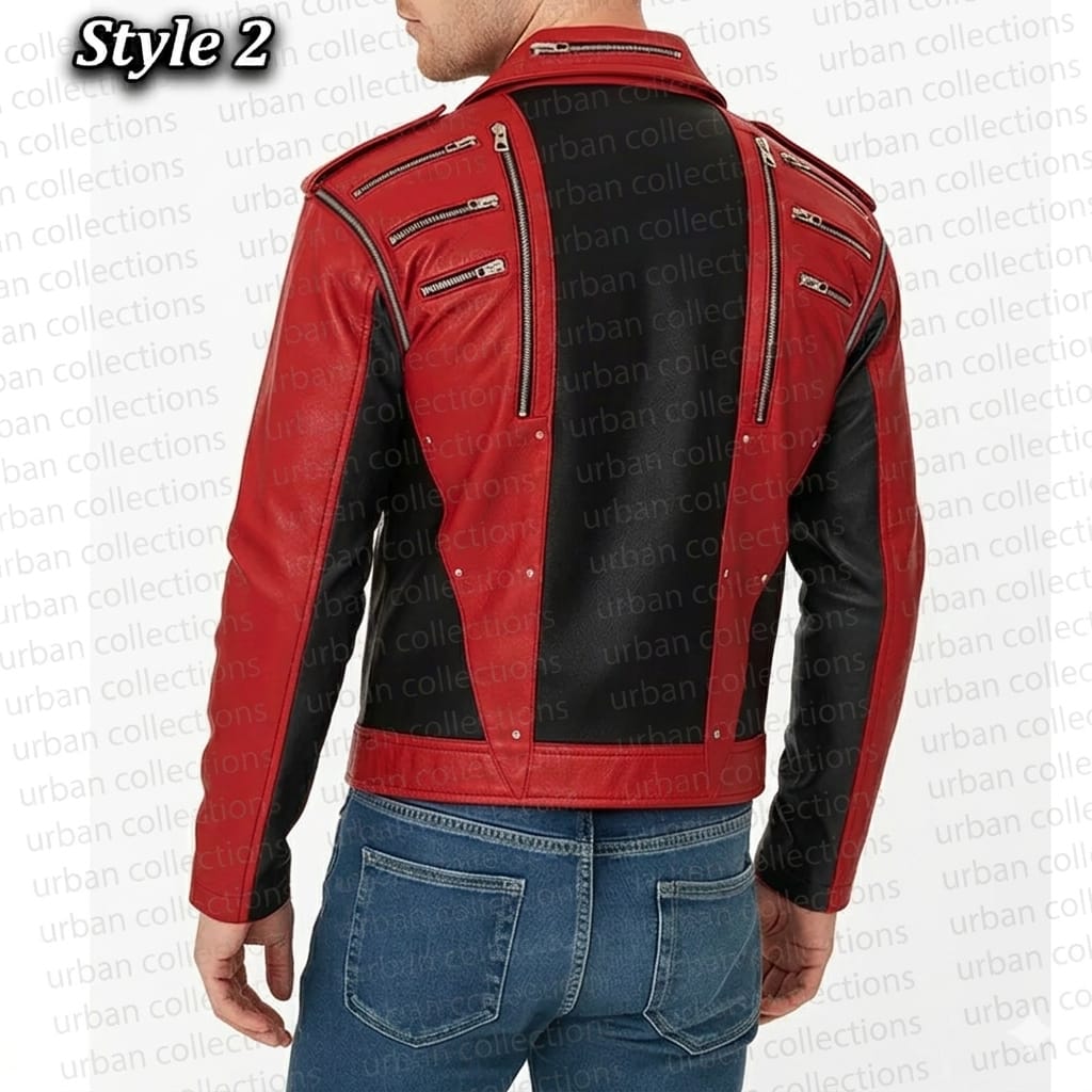 Red and black leather jacket with zippers on a white background