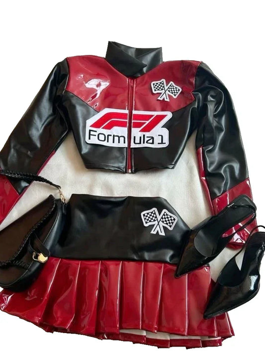 Red and black racing suit with Formula 1 logo on a white background