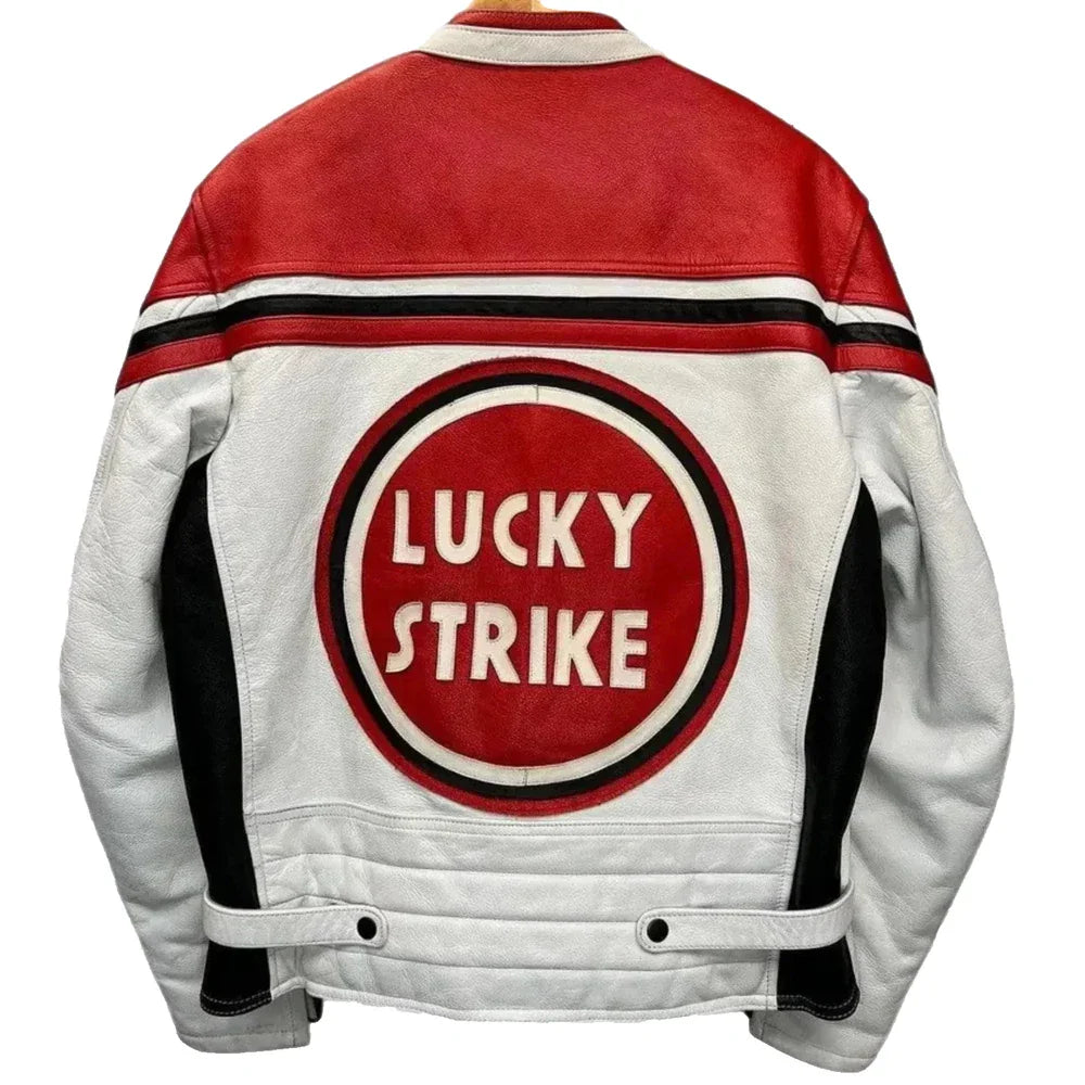 Red and white jacket with 'Lucky Strike' logo on a white background