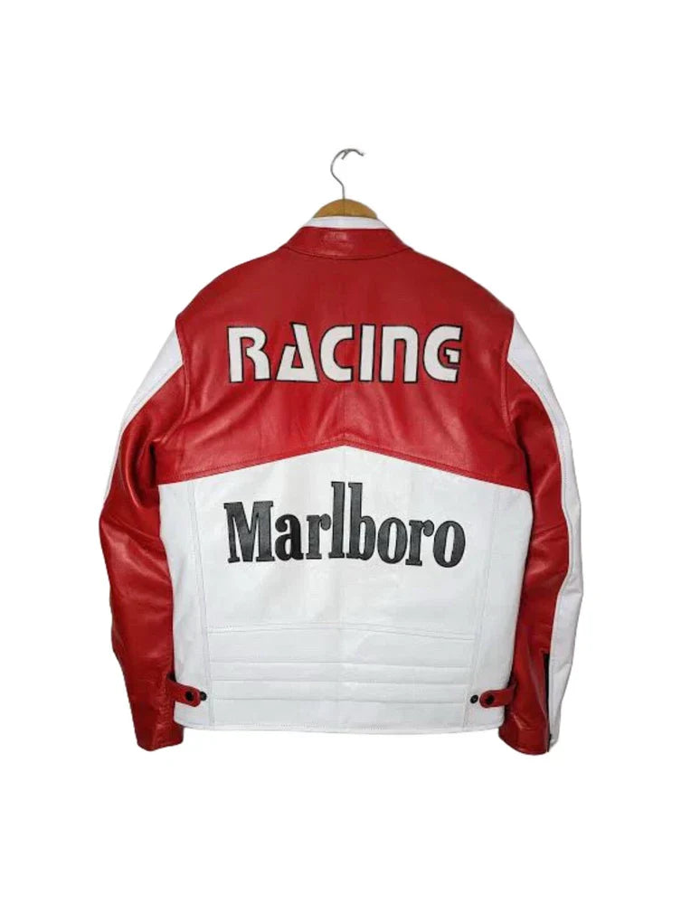 Red and white racing jacket with 'Racing' and 'Marlboro' text on a white background