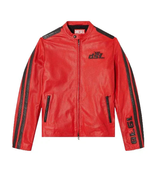 Red jacket with black accents on a white background