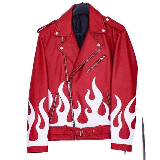 Red leather jacket with white flame designs on a white background