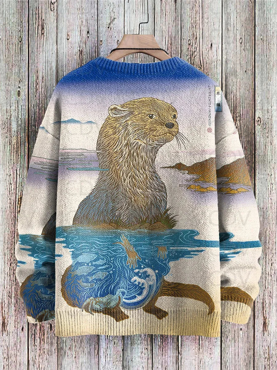 Retro Japanese Style Painting Cat Art Casual Print Knit Pullover Sweater Women For Men Sweater