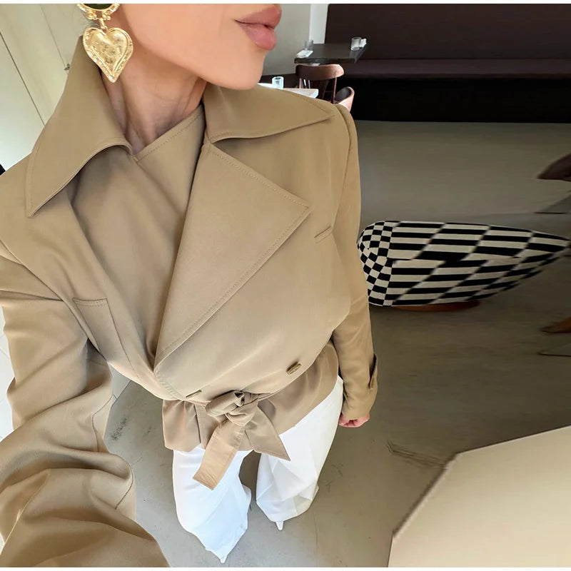 Soft Suede Women Commute Coat Long Sleeve High Neck Tie Waist All-match Cinched Slim Autumn Winter Coats 2026 Fashion Jackets