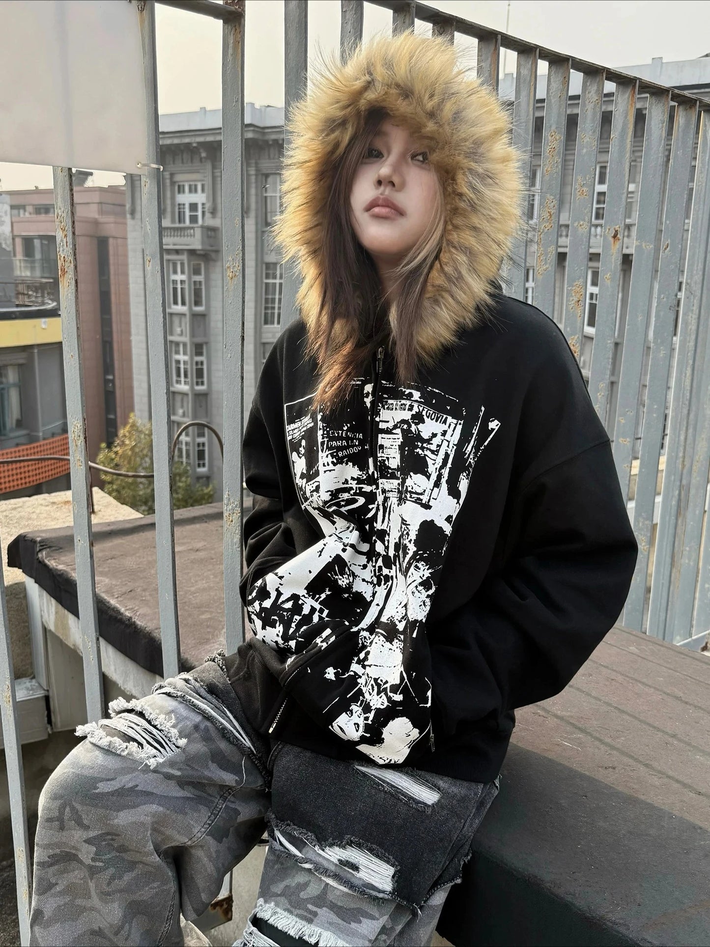 Grey Faux Fur Wool Double Zipper Jacket Hoodies Women's Slim Waist Hooded Vintage Y2k Coats Ropa Mujer Casual Fashion Sweatshirt