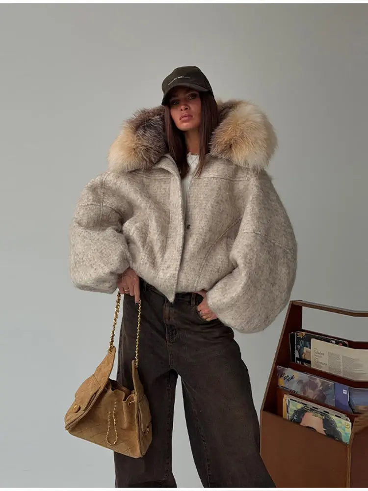 Vintage Thicken Faux Fur Woolen Jacket Women Fashion Hooded Pocket Lantern Sleeve Elastic Waist Coat Winter Female Daily Outwear