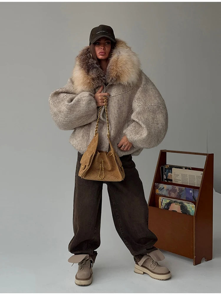 Vintage Thicken Faux Fur Woolen Jacket Women Fashion Hooded Pocket Lantern Sleeve Elastic Waist Coat Winter Female Daily Outwear