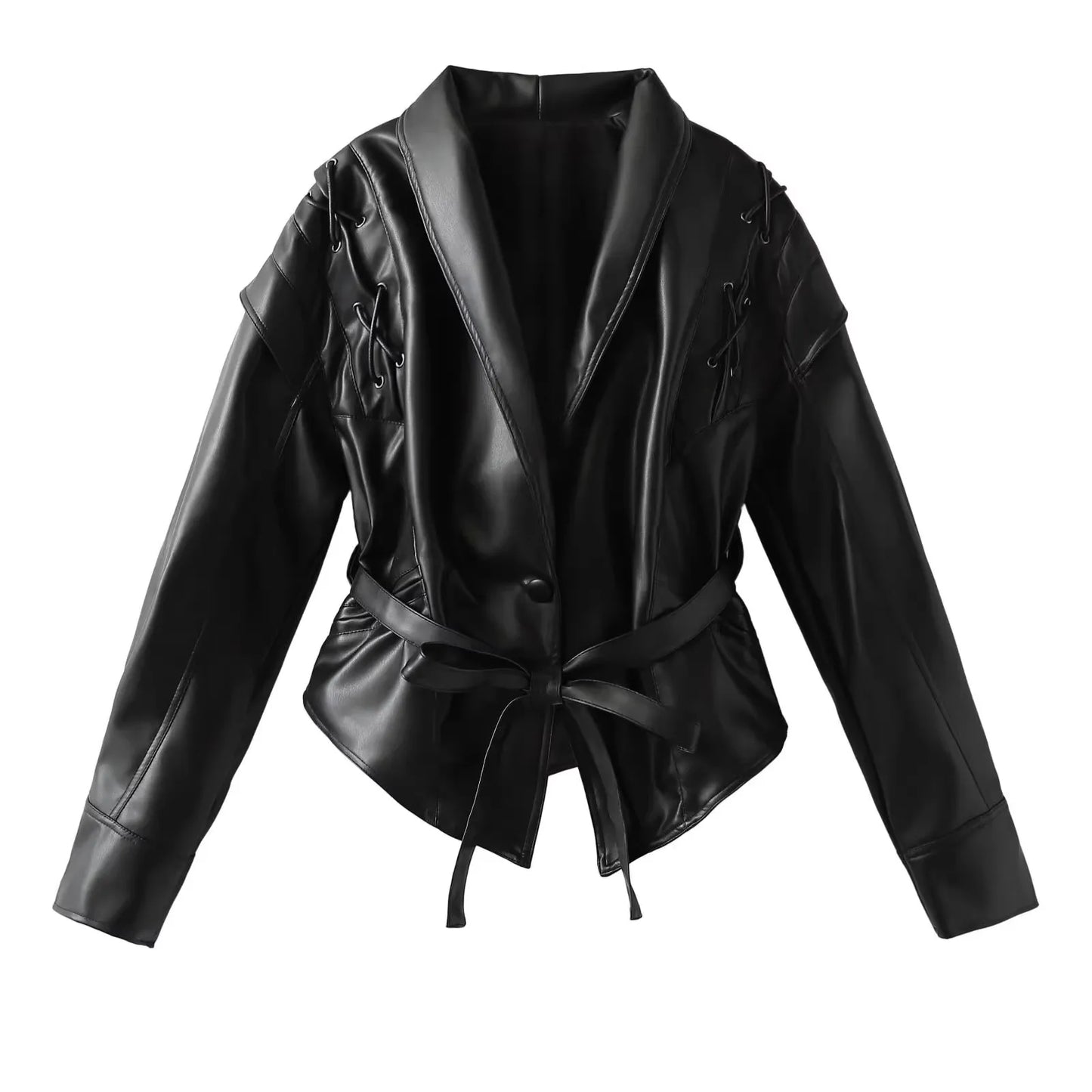 Mauroicardi Spring Autumn Short Retro Brown Pu Leather Jacket Women Sashes Lace Up Luxury Designer Emo Clothes European Fashion