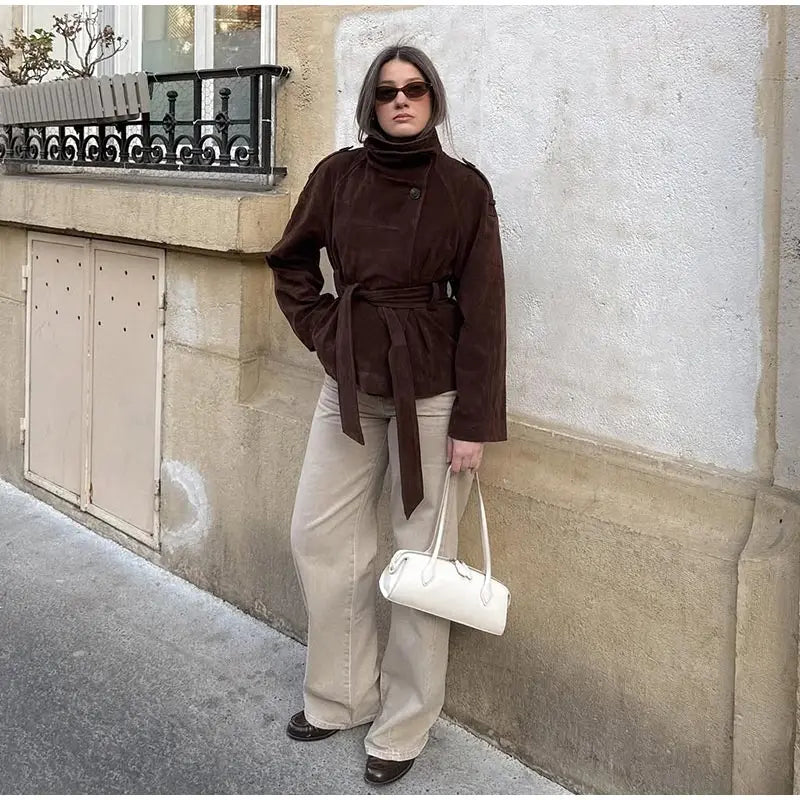 Soft Suede Women Commute Coat Long Sleeve High Neck Tie Waist All-match Cinched Slim Autumn Winter Coats 2026 Fashion Jackets