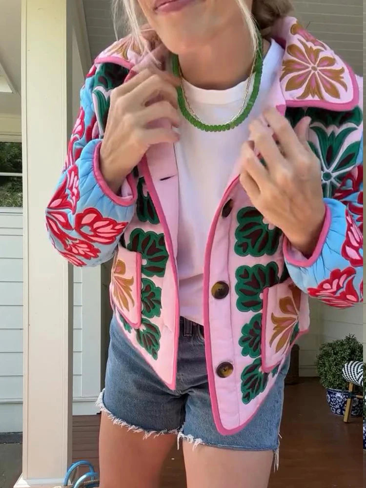 2025 Winter Women's Flower Print Parkas Lapel Single-breasted Long Sleeve Pocket Quilted Coat Female Vintege Lady New in Outwear