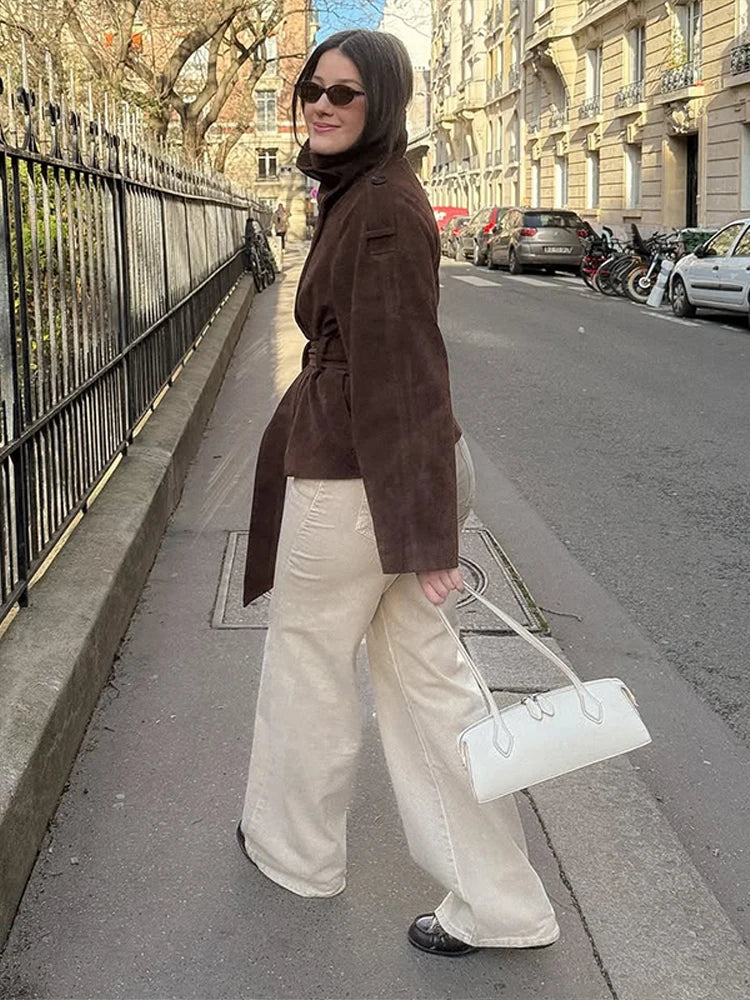 Soft Suede Women Commute Coat Long Sleeve High Neck Tie Waist All-match Cinched Slim Autumn Winter Coats 2026 Fashion Jackets