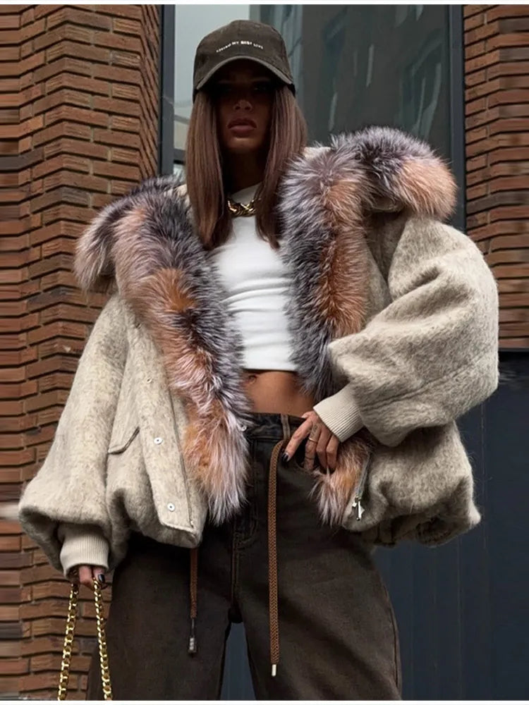 Winter Fashion Faux Fur Collar Woolen Coat Women Vintage Thick Hooded Long Sleeve Oversized Warm Jacket New Lady High Streetwear