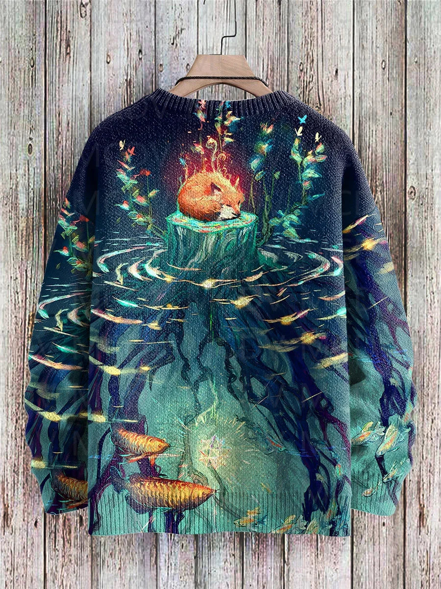 Retro Japanese Style Painting Cat Art Casual Print Knit Pullover Sweater Women For Men Sweater