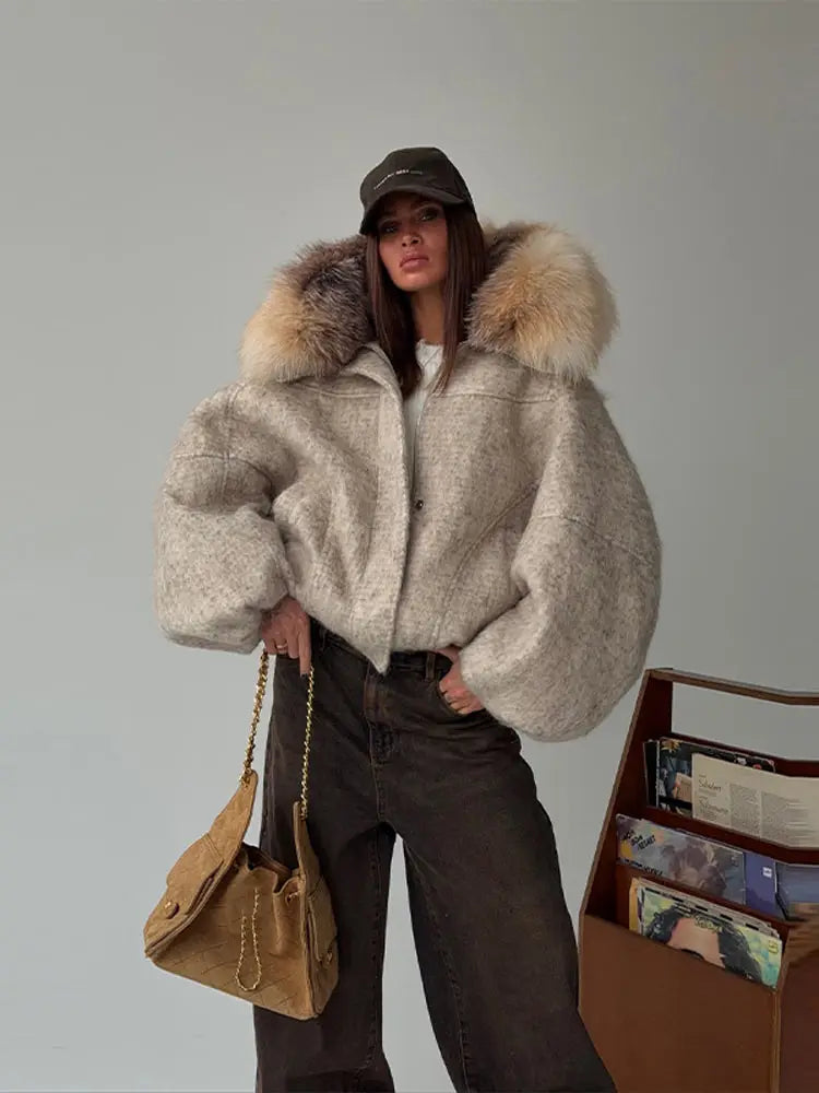 Winter Fashion Faux Fur Collar Woolen Coat Women Vintage Thick Hooded Long Sleeve Oversized Warm Jacket New Lady High Streetwear