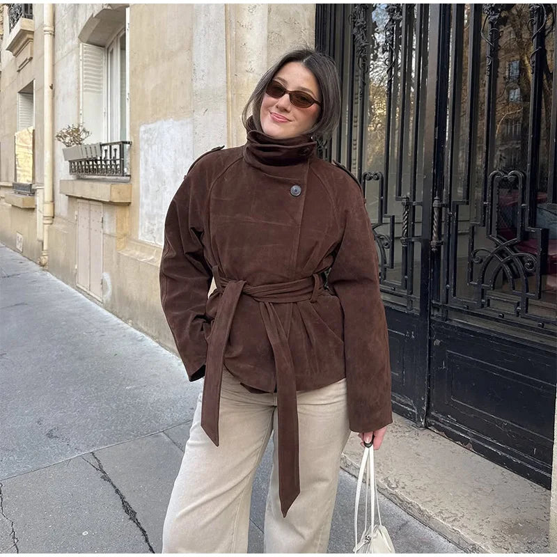 Soft Suede Women Commute Coat Long Sleeve High Neck Tie Waist All-match Cinched Slim Autumn Winter Coats 2026 Fashion Jackets