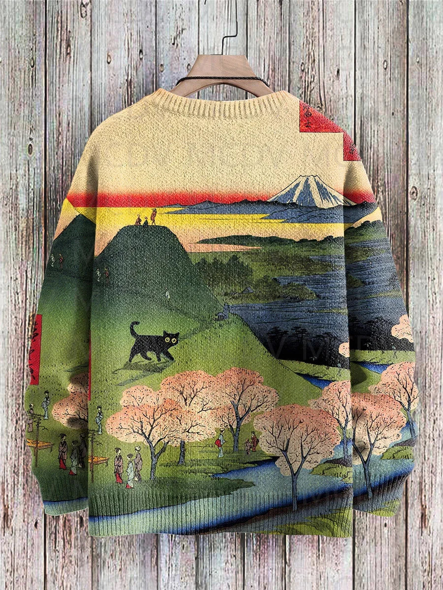 Retro Japanese Style Painting Cat Art Casual Print Knit Pullover Sweater Women For Men Sweater