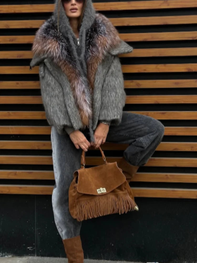 Winter Fashion Faux Fur Collar Woolen Coat Women Vintage Thick Hooded Long Sleeve Oversized Warm Jacket New Lady High Streetwear