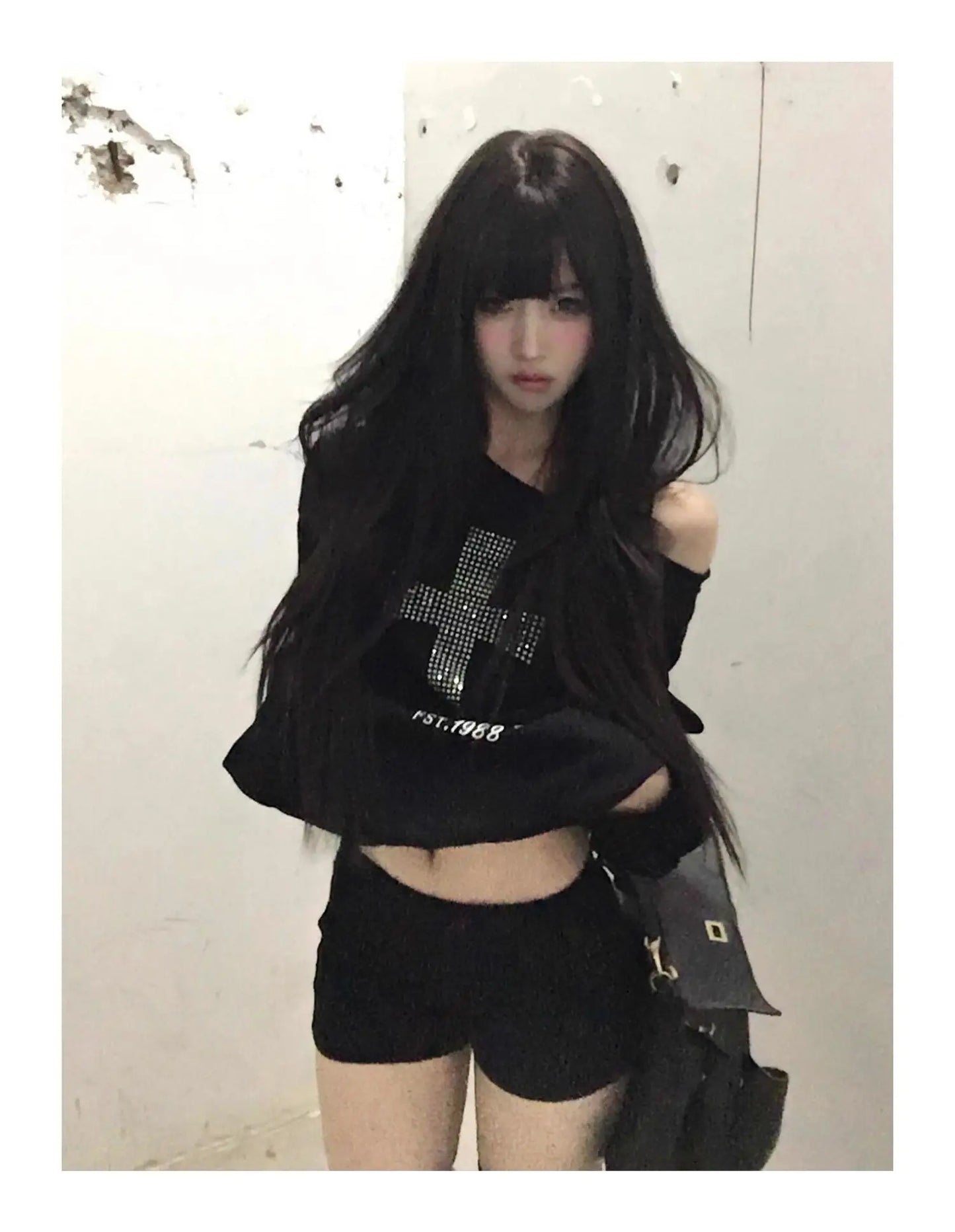 Seeslim Cross One-shoulder Graphic Hoodies Long Sleeve Black Women's Sweatshirts Harajuku Grunge 2000s Clothes Y2k Autumn Tops