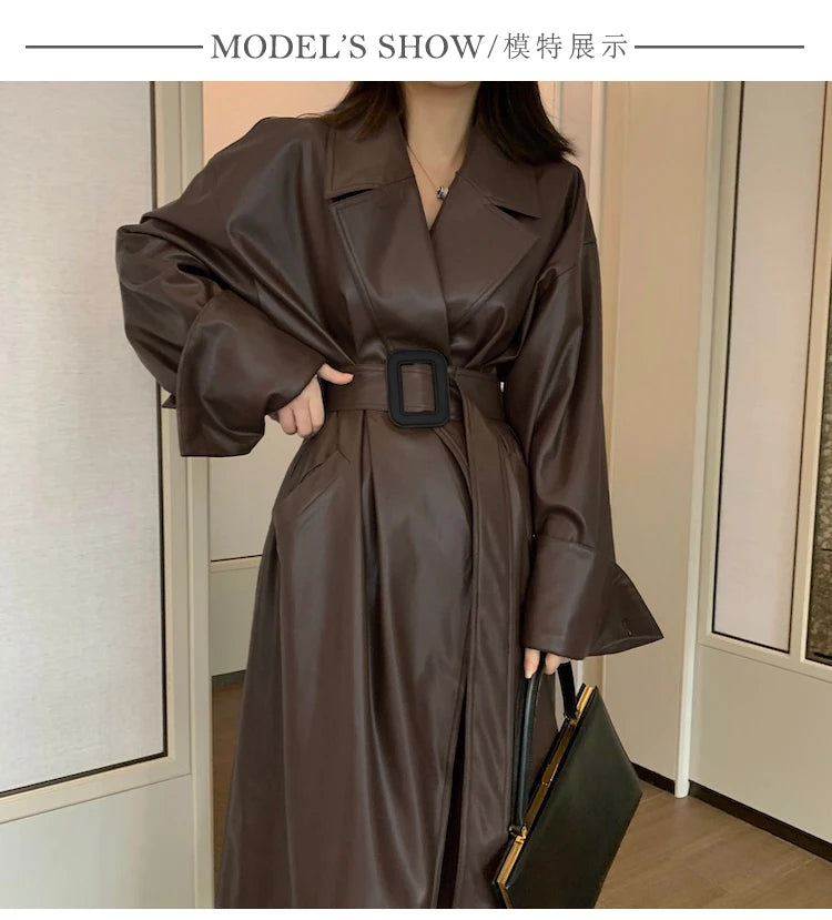 Lautaro Long oversized pu leather trench coat for women long sleeve lapel loose fit Fall Stylish black women clothing streetwear