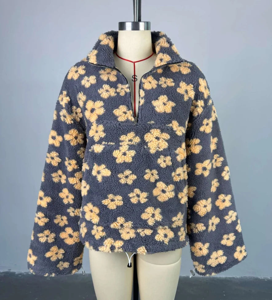 Yaminiya Women's 2025 New Fashion Polar Fleece Flower Blossoms Sweater Cotton Sweater Loose Warm Fur Stand Up Collar Zipper Top