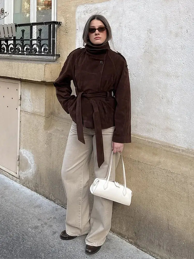Soft Suede Women Commute Coat Long Sleeve High Neck Tie Waist All-match Cinched Slim Autumn Winter Coats 2026 Fashion Jackets