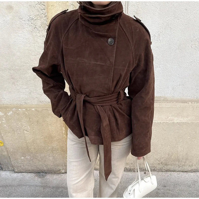 Soft Suede Women Commute Coat Long Sleeve High Neck Tie Waist All-match Cinched Slim Autumn Winter Coats 2026 Fashion Jackets