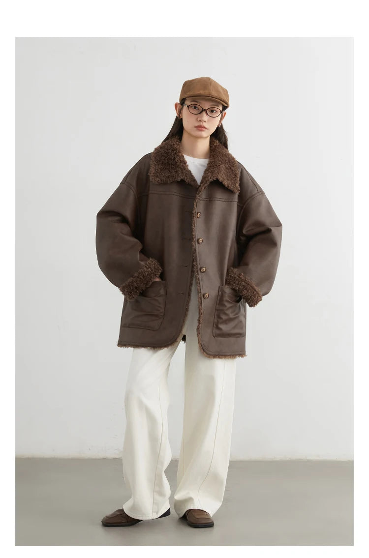 CHIC VEN Women Faux Leather Jacket Coat Loose Casual Reversible Mid Length PU Overcoat Retro Ladies Outerwear Autumn Winter 2025