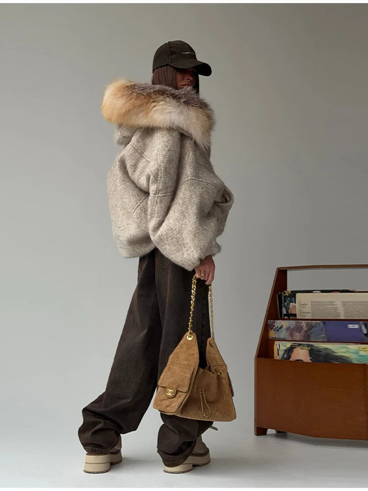 Vintage Thicken Faux Fur Woolen Jacket Women Fashion Hooded Pocket Lantern Sleeve Elastic Waist Coat Winter Female Daily Outwear