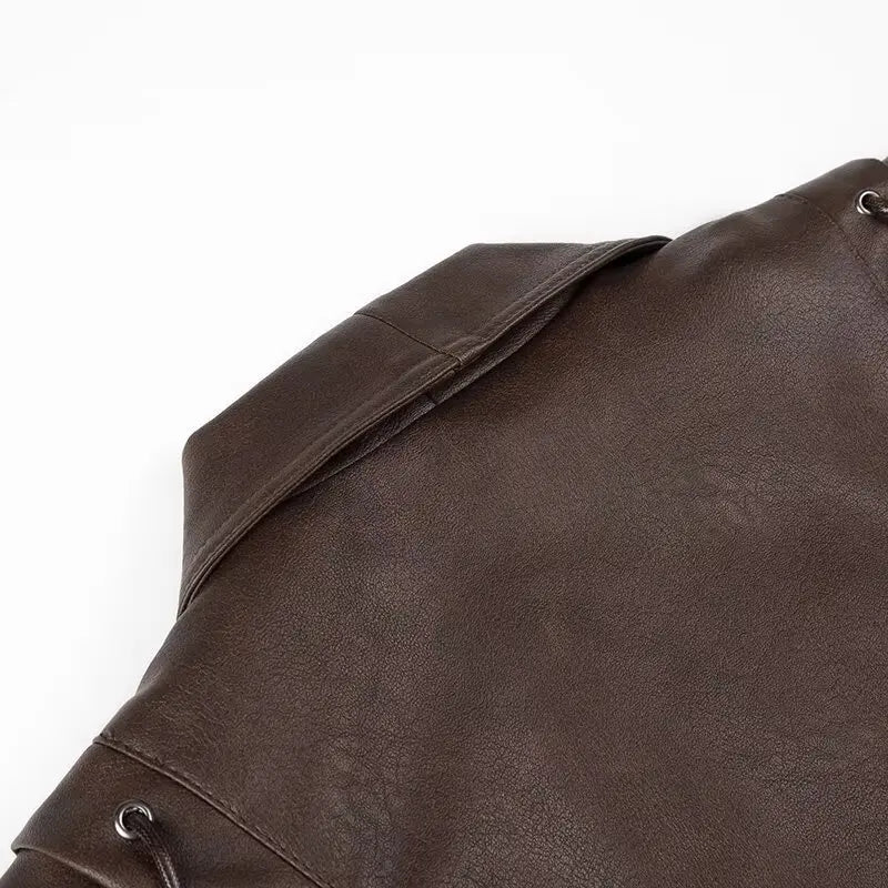 Suninheart Autumn and Winter Faux Leather Jackets for Women 2025 Dropped Shoulder Oversized Jacket Coat Belted Corset Jacket