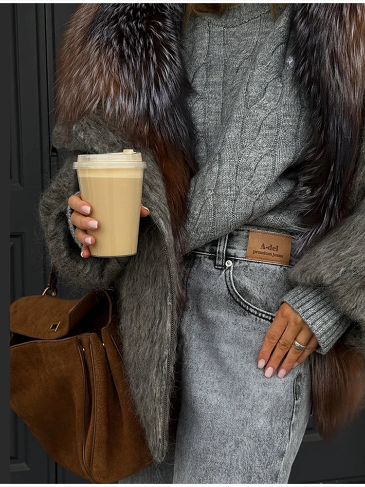 Vintage Thicken Faux Fur Woolen Jacket Women Fashion Hooded Pocket Lantern Sleeve Elastic Waist Coat Winter Female Daily Outwear